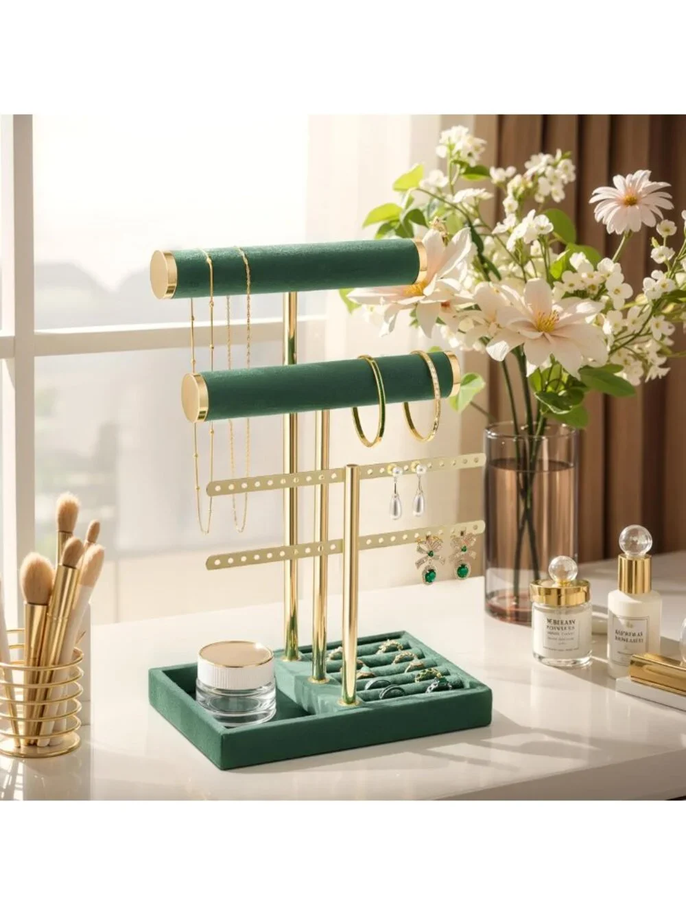 Elegant 3-Tier Velvet Jewelry Organizer Stand for Necklaces, Bracelets & Rings